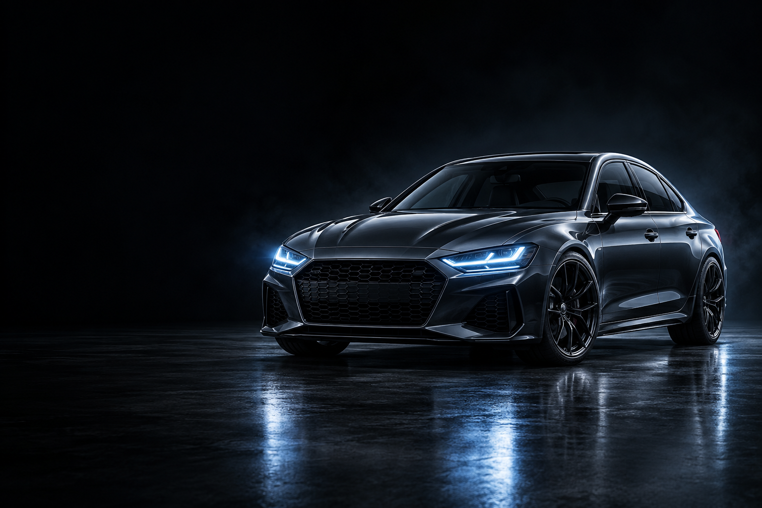 Vehículo de color grafito con iluminación frontal LED en un estudio oscuro